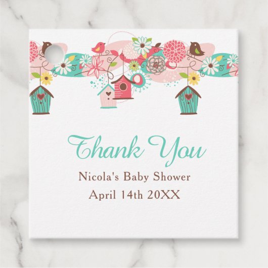 Pink and Green Floral Bird Cages Baby Shower フェイバータグ (正面)