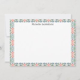 Pink and Green Floral Border Flat Notecard 招待状