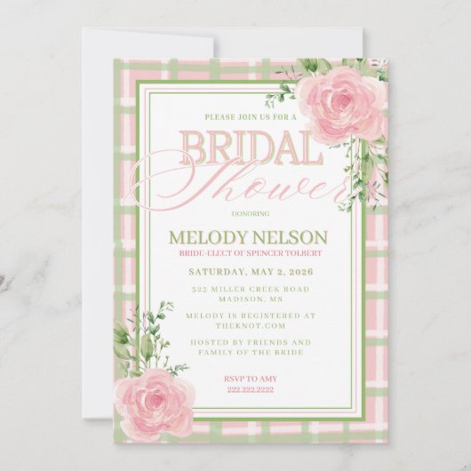 Pink and Green Floral Bridal Shower Invitation 招待状 (正面)