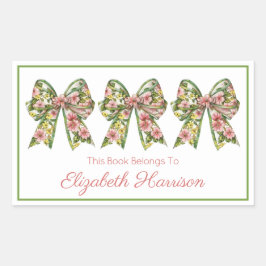 Pink and Green Floral Personalized Bookplate 長方形シール