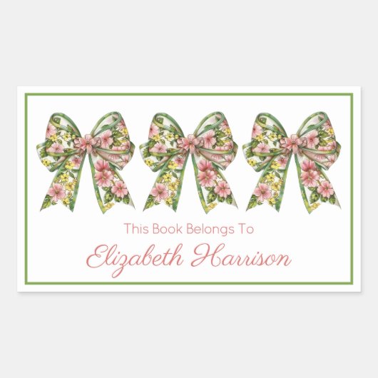 Pink and Green Floral Personalized Bookplate 長方形シール (正面)