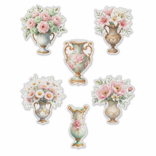 Pink and Green Floral Vase Sheet of Stickers シール (正面)