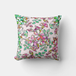 Pink and green flowers クッション