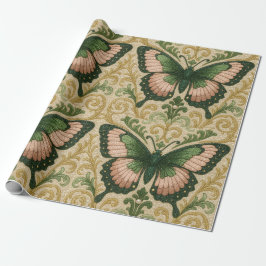 Pink and Green Gift Wrap Butterfly Print ラッピングペーパー