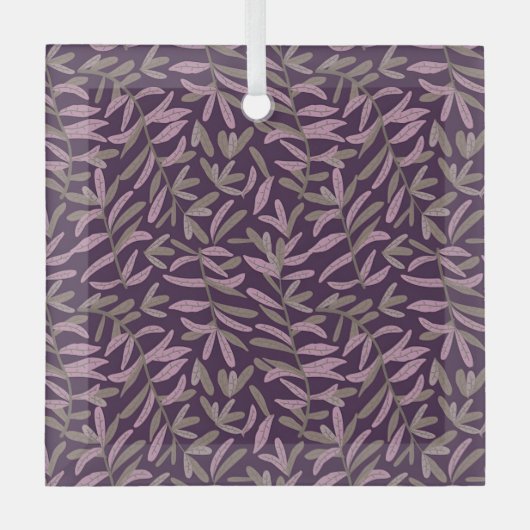  Pink and Green Leaf Pattern on Dark Purple Back ガラスオーナメント (正面)