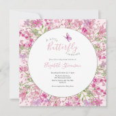 Pink and Green Little Butterfly Floral Baby Shower 招待状 (正面)
