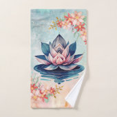 Pink and Green Lotus Floral Art バスタオルセット (ハンドタオル)