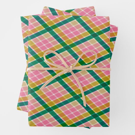Pink and Green Modern Plaid Christmas Pattern ラッピングペーパーシート (インサイチュ)