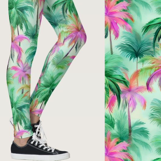 Pink and Green Palm Trees Tropical Patterned レギンス