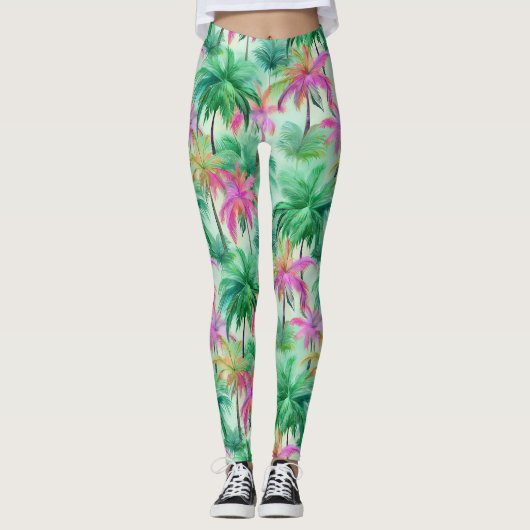 Pink and Green Palm Trees Tropical Patterned レギンス (正面)
