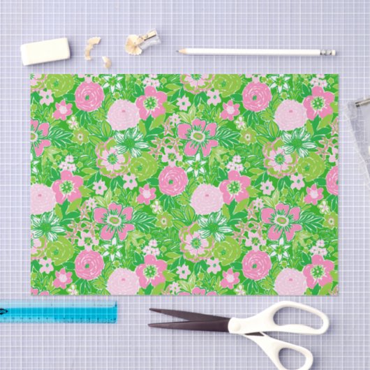 Pink and Green Preppy Palm Beach Floral 薄葉紙 (クラフト)