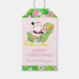Pink and Green Preppy Palm Beach Santa Claus ギフトタグ