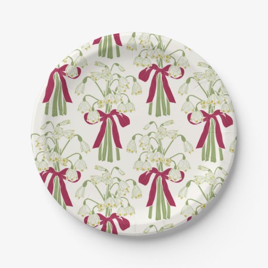 Pink and Green Snowdrop and Bow Flower Bouquet ペーパープレート (正面)