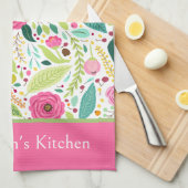 Pink and Green Spring Flowers キッチンタオル (四つ折り)