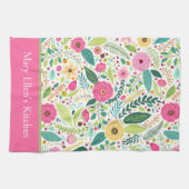 Pink and Green Spring Flowers キッチンタオル (横)