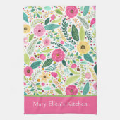 Pink and Green Spring Flowers キッチンタオル (縦)