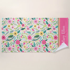 Pink and Green Spring Flowers ビーチタオル