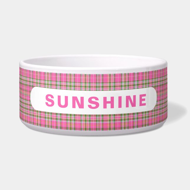 Pink and Green Tartan Plaid Dog Name ボウル (正面)