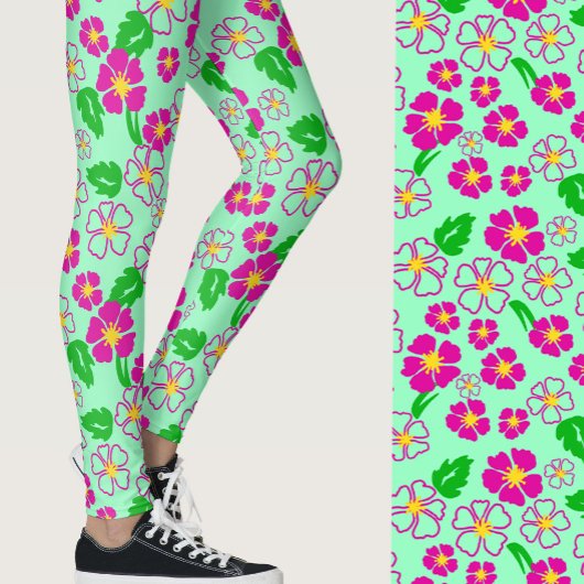 Pink and Green Tropical Flowers Patterned レギンス