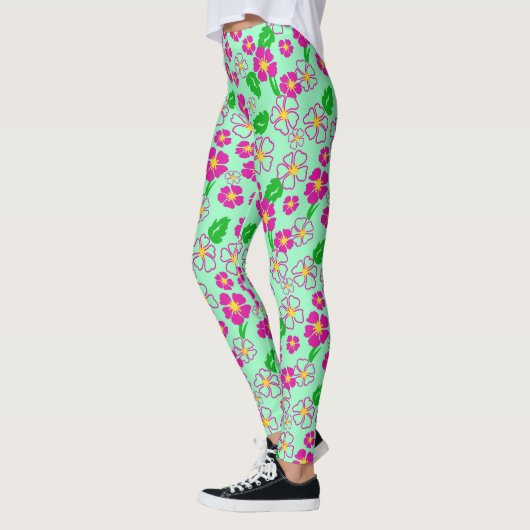 Pink and Green Tropical Flowers Patterned レギンス (左)