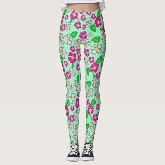 Pink and Green Tropical Flowers Patterned レギンス (正面)