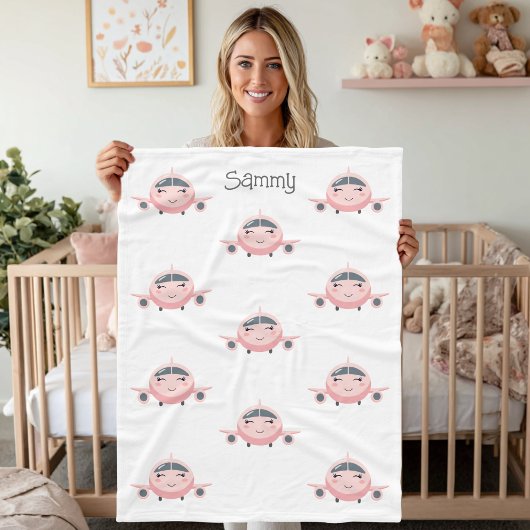 Pink and Grey Airplane Girl Name Personalized フリースブランケット