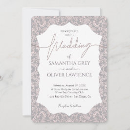 Pink and Grey Damask Wedding Invitation 招待状