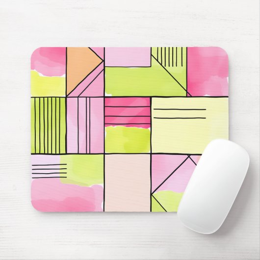 Pink and Lime-Green Patchwork Abstract マウスパッド (マウス)