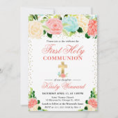 Pink and Mint Flowers First Holy Communion 招待状 (正面)