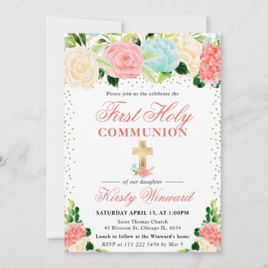 Pink and Mint Flowers First Holy Communion 招待状 (正面)