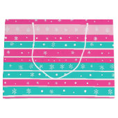 Pink and Mint Horizontal Striped Snowflake ラージペーパーバッグ (正面)