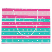 Pink and Mint Horizontal Striped Snowflake ラージペーパーバッグ (裏面)