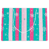 Pink and Mint Vertical Striped Snowflake ラージペーパーバッグ (正面)