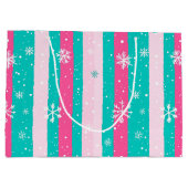 Pink and Mint Vertical Striped Snowflake ラージペーパーバッグ (裏面)