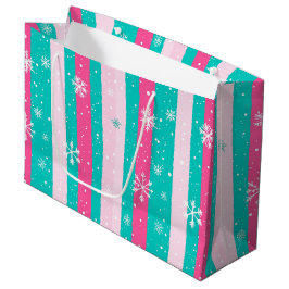 Pink and Mint Vertical Striped Snowflake ラージペーパーバッグ