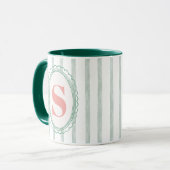 Pink and Mint Watercolor Striped custom monogram マグカップ (正面左)