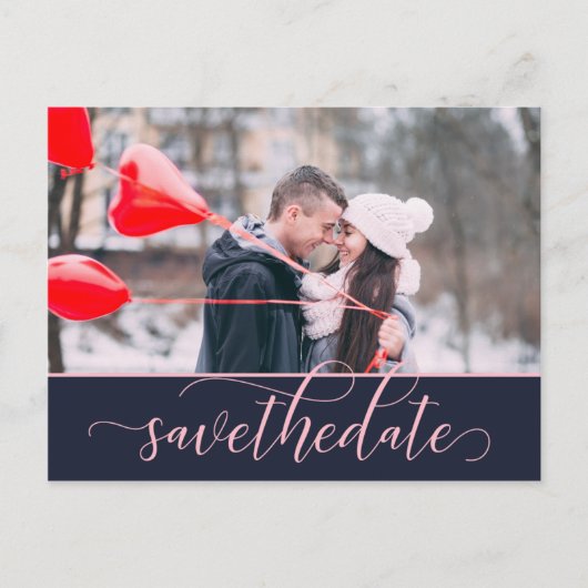 Pink and Navyスクリプ華美ト2-Photo Save The Date ポストカード (正面)