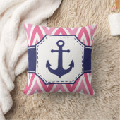 Pink and Navy Anchor Throw Pillow クッション (ブランケット)