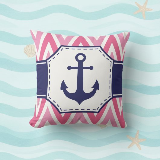 Pink and Navy Anchor Throw Pillow クッション