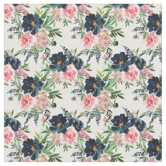 Pink and Navy Blue Floral Fabric ファブリック (クローズアップ)