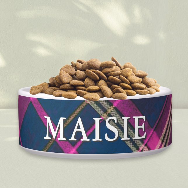 Pink and Navy Tartan Plaid Personalized Pet Dog ボウル (A stylish, personalized dog bowl, with tartan plaid pattern in pink, blue and golden tones)
