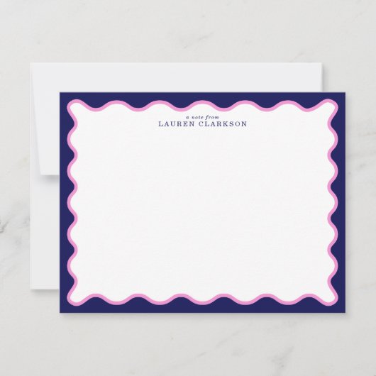 Pink and Navy Wavy Frame Note Card with Striped Ba 招待状 (正面)