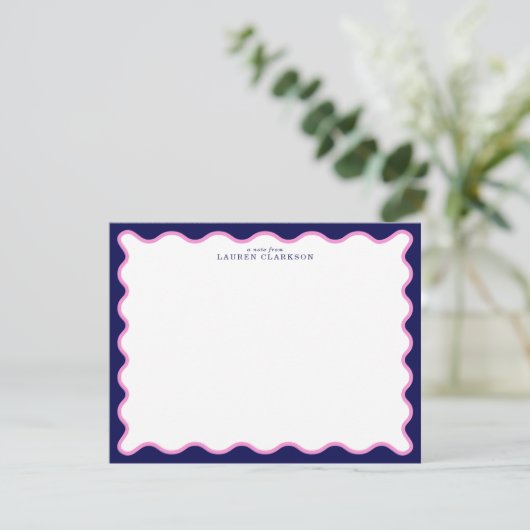 Pink and Navy Wavy Frame Note Card with Striped Ba 招待状 (スタンド正面)