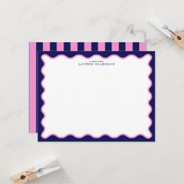 Pink and Navy Wavy Frame Note Card with Striped Ba 招待状