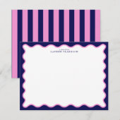 Pink and Navy Wavy Frame Note Card with Striped Ba 招待状 (正面/裏面)