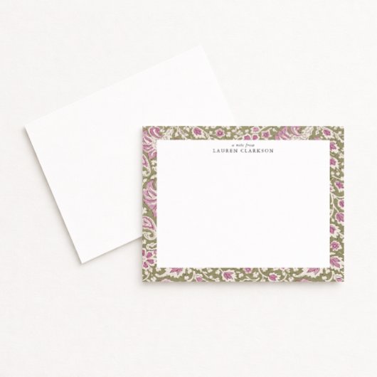 Pink and Olive Hand-Block Inspired Floral Note Car 招待状