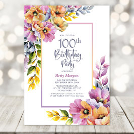 Pink and Orange Floral 100th Birthday Party 招待状