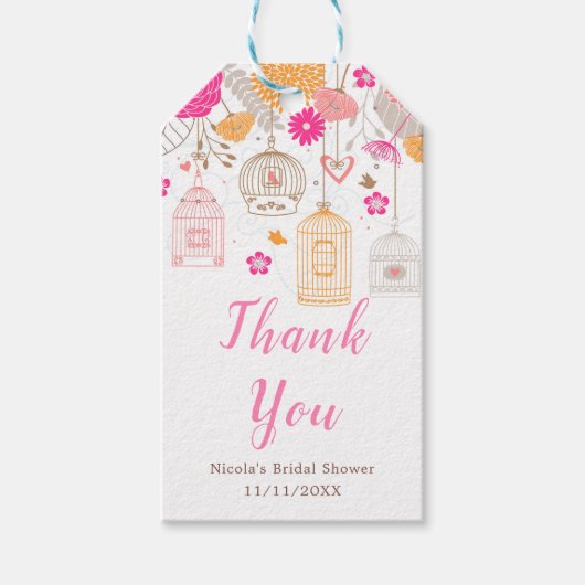 Pink and Orange Floral Bird Cages Bridal Shower ギフトタグ (正面)