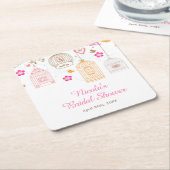 Pink and Orange Floral Bird Cages Bridal Shower スクエアペーパーコースター (アングル)