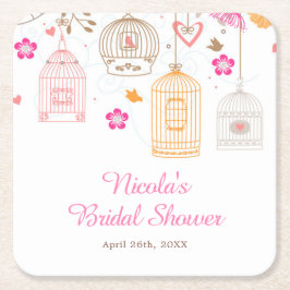 Pink and Orange Floral Bird Cages Bridal Shower スクエアペーパーコースター